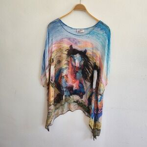 Sterling Styles Asymmetrical Tunic Poncho Top Sheer Horse Print Artsy Western